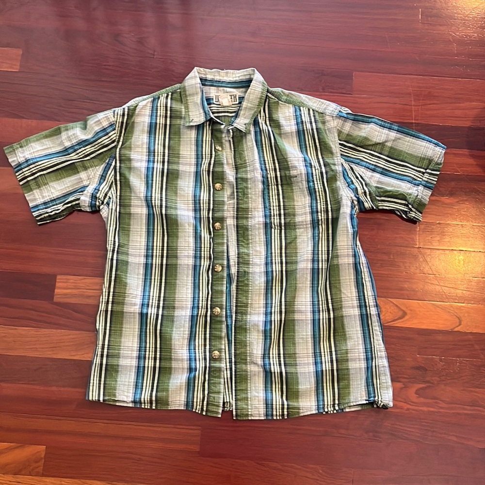 Mens Large Duluth striped collared button down shirt with gusseted armpits